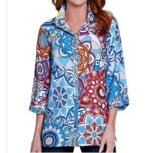 Ali Miles 2X Medallion Printed Knit Button Front Tunic Blue Brown‎ NWT